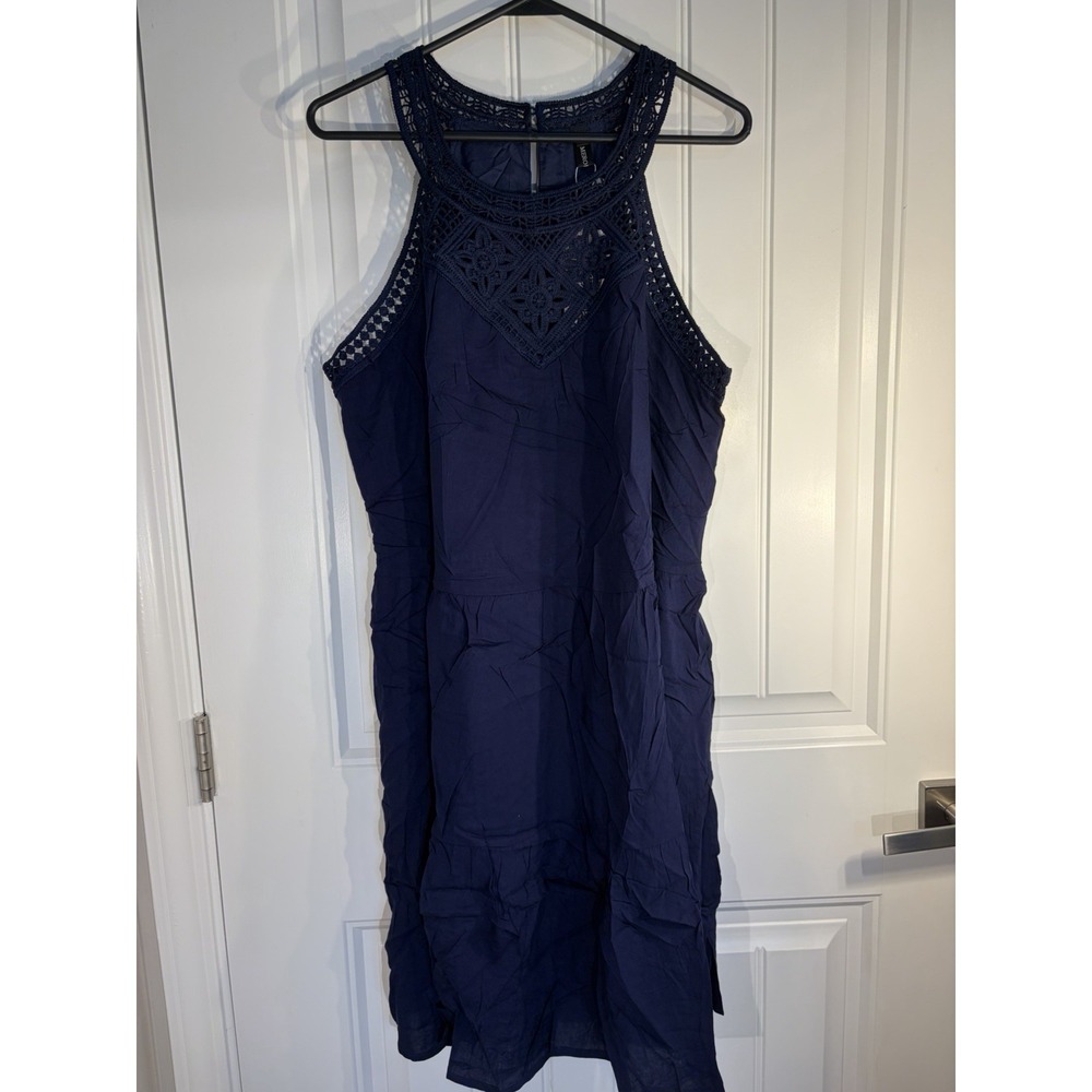 Merokeety Navy Crochet Lace Yoke Dress Womens L Sleeveless Boho Shift Midi Dress